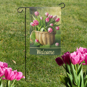 Double Sided Pink Tulips in Basket  Garden Flag