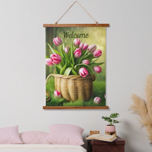  Double Sided Pink Tulips in Basket  Hanging Tapestry