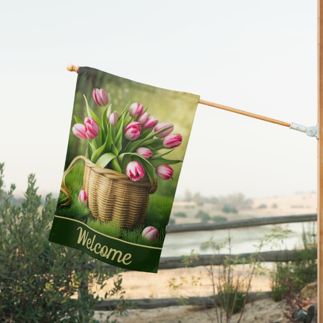  Double Sided Pink Tulips in Basket  House Flag (Insitu (Back))