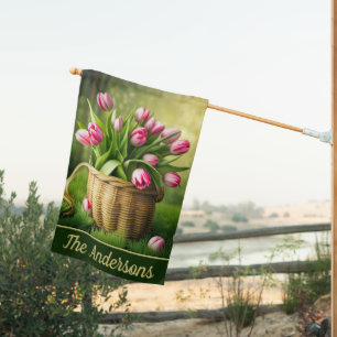 Double Sided Pink Tulips in Basket House Flag