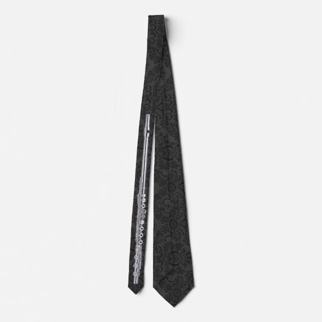 Double-sided Printed Tied Black Damask Flute Neck Tie (Back)