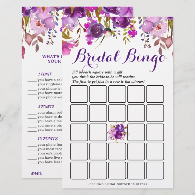 DOUBLE SIDED Purple Floral Bridal Shower Game (Front/Back)