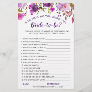 DOUBLE SIDED Purple Floral Bridal Shower Game