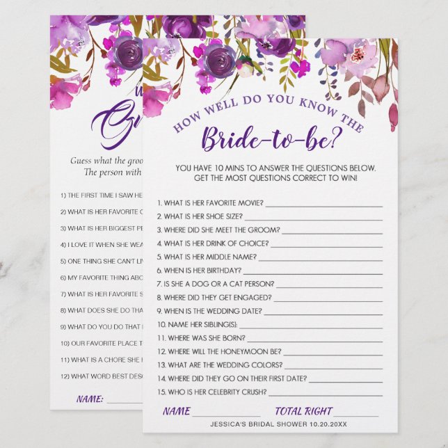 DOUBLE SIDED Purple Floral Bridal Shower Game (Front/Back)