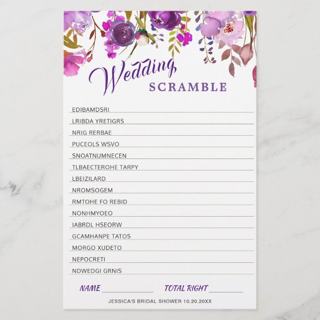 DOUBLE SIDED Purple Floral Bridal Shower Game (Front)