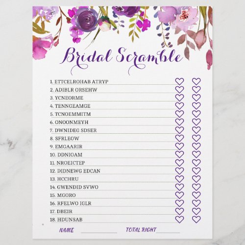 DOUBLE SIDED Purple Rose Floral Bridal Shower Game