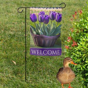 Double Sided Purple Tulips in Wicker Basket Garden Flag