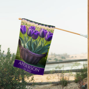 Double Sided Purple Tulips in Wicker Basket House Flag