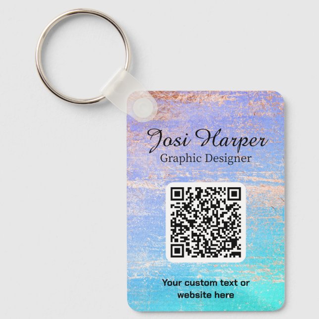 Double Sided QR Code Purple Teal Golden Business Keychain (Front)