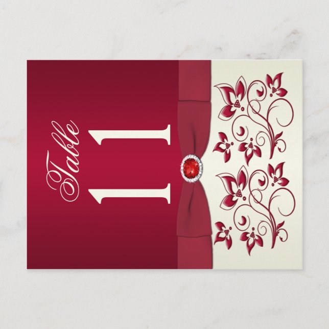 Double-sided Red and Ivory Floral Table Number (Front)