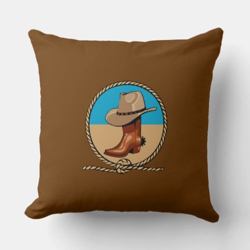 Double Sided Rodeo Brown Cowboy Boots and Hat Throw Pillow