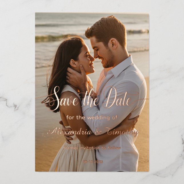Double sided rose gold foil save the date photo  invitation (Front)