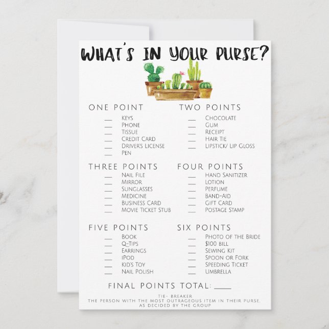 Double Sided Rustic Cactus Bridal Shower Game (Front)