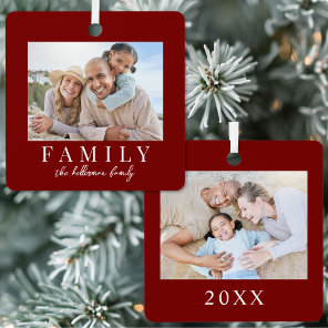 Double Sided Simple Red Family Two Photo Christmas Metal Ornament