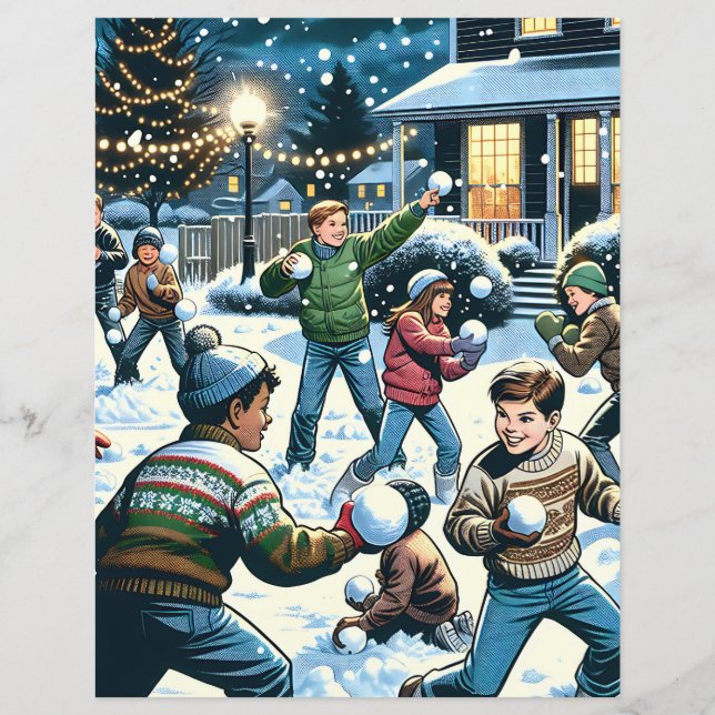 Double-Sided Snowball Fight Scrapbook Paper (Front)