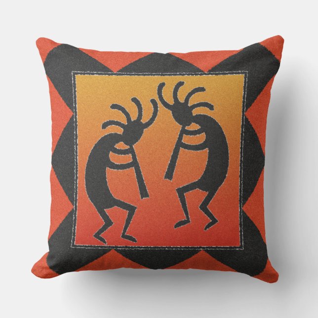 Double Sided Southwest Dancing Kokopelli Design Throw Pillow (Front)