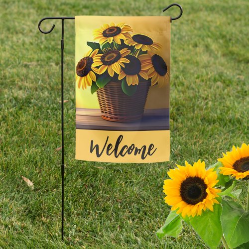 Double Sided Sunflowers in Wicker Basket Welcome  Garden Flag