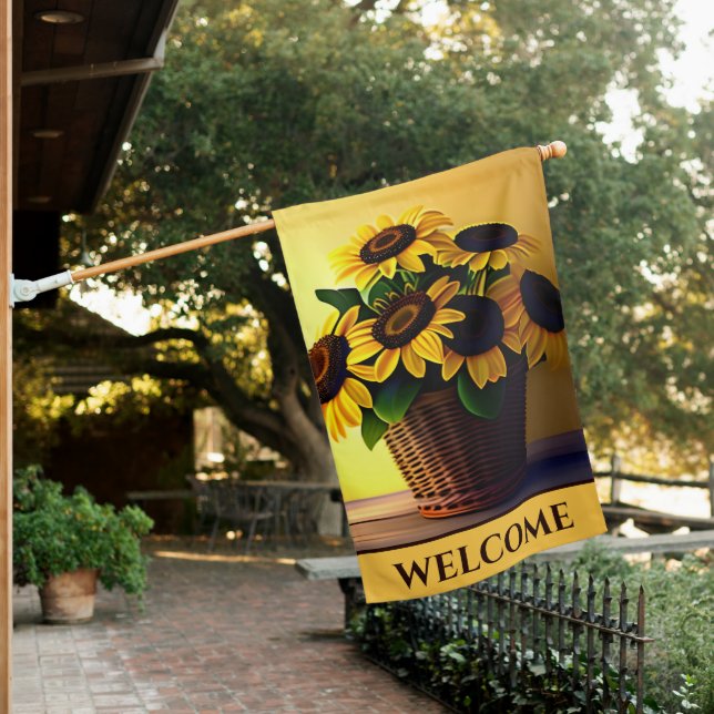 Double Sided Sunflowers in Wicker Basket Welcome House Flag (In SItu)