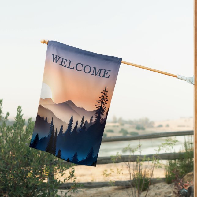  Double Sided Sunrise Over the Mountains Welcome  House Flag (Insitu (Back))