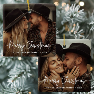 Double Sided Two Photo Elegant Christmas Ceramic Ornament