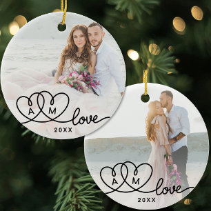 Double Sided Two Photo Script Love Ceramic Ornament