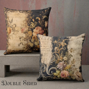 Double Sided Victorian Black & Beige Throw Pillow