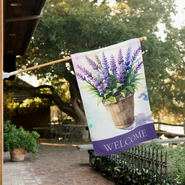 Double Sided Watercolor Basket of Lilacs Welcome House Flag (In SItu)