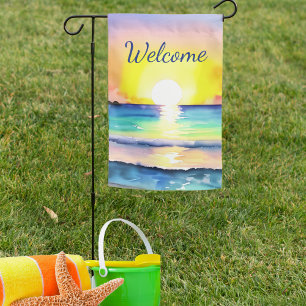 Double Sided Watercolor Ocean Sunset Welcome Garden Flag