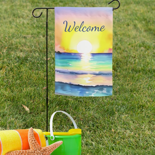 Double Sided Watercolor Ocean Sunset Welcome  Garden Flag (Creator Uploaded)