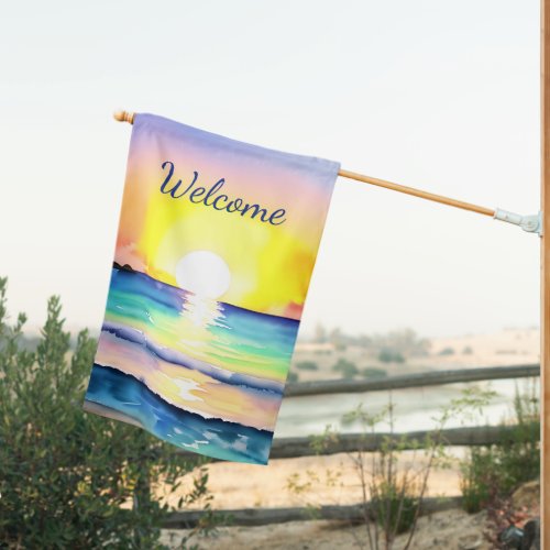 Double Sided Watercolor Ocean Sunset Welcome  House Flag