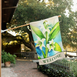 Double Sided Watercolor White Lily Welcome House Flag