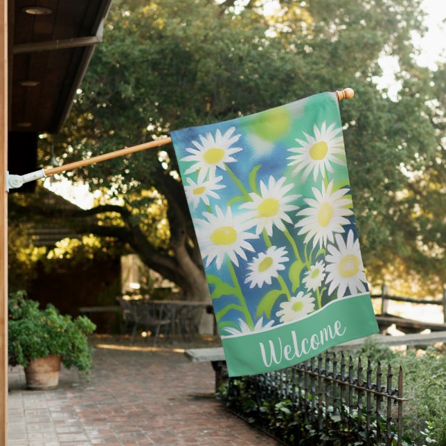 Double Sided Watercolor Wild Daisies Welcome  House Flag (In SItu)