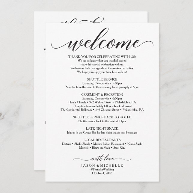 Double Sided Wedding Itinerary - Wedding Welcome Invitation (Front/Back)