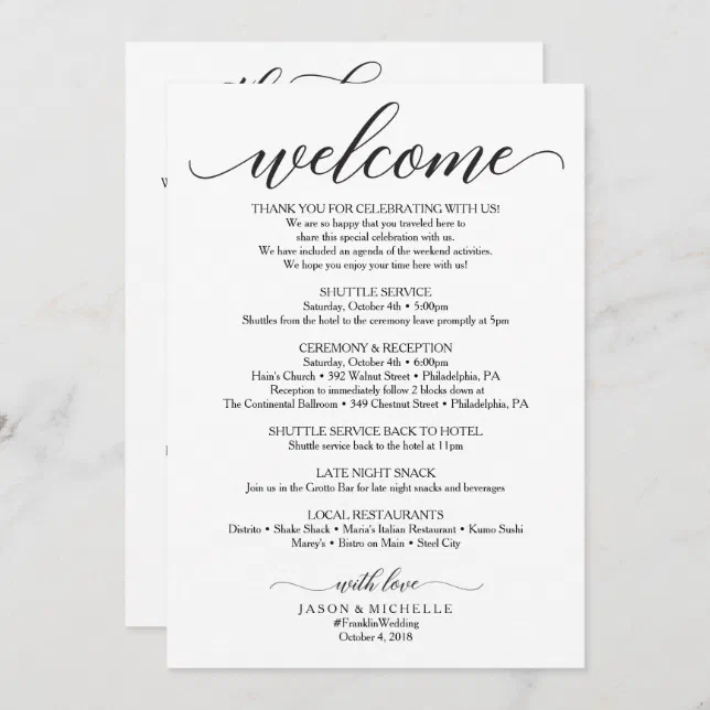 Double Sided Wedding Itinerary - Wedding Welcome Invitation | Zazzle