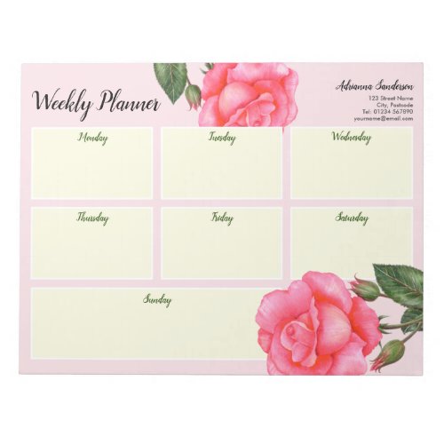 Double Sided Weekly Planner Watercolor Pink Rose Notepad