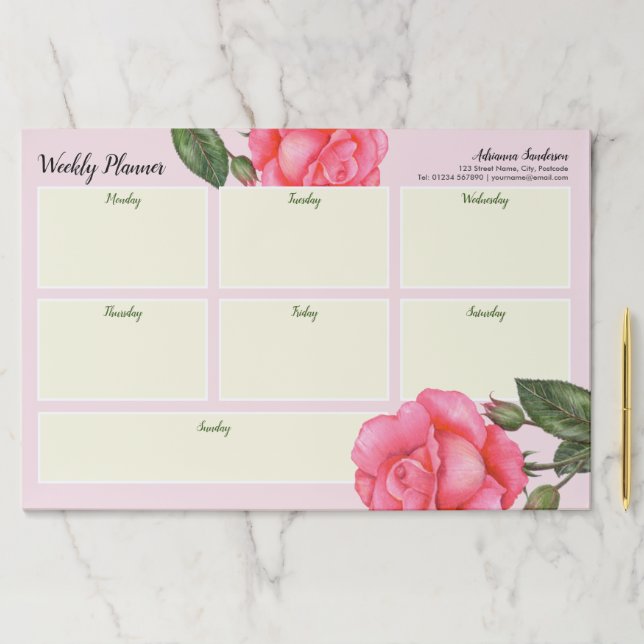 Double Sided Weekly Planner Watercolor Pink Rose Paper Pad (Insitu)