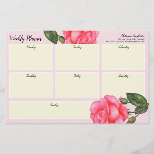 Double Sided Weekly Planner Watercolor Pink Rose Stationery