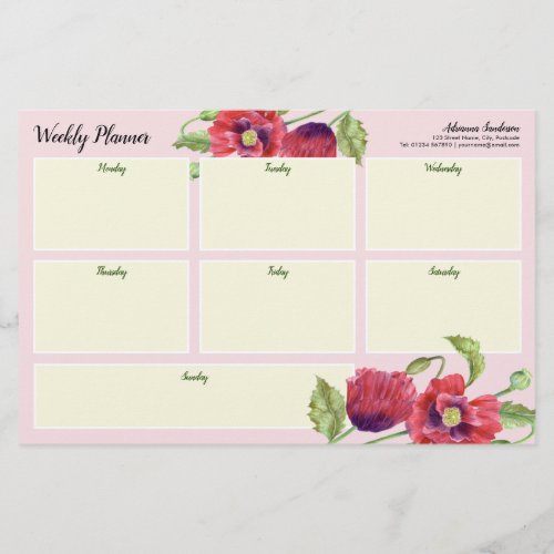 Double Sided Weekly Planner Watercolor Red Poppies Stationery