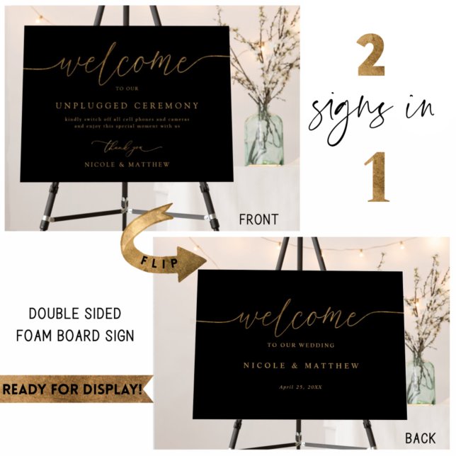 Double Sided Welcome /Unplugged Wedding Black Gold Foam Board (Creator Uploaded)