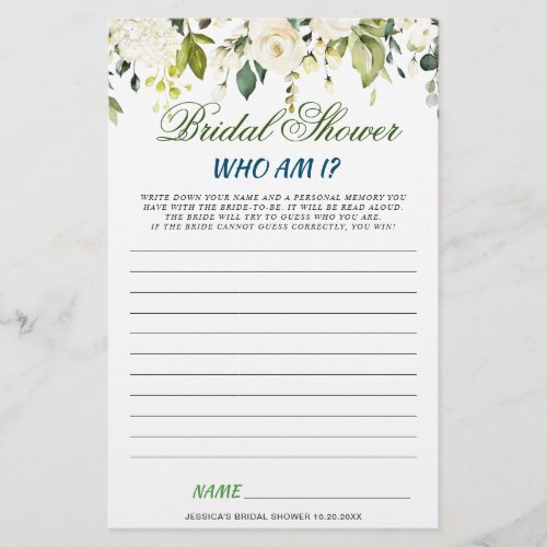 DOUBLE SIDED White Roses Floral Bridal Shower Game