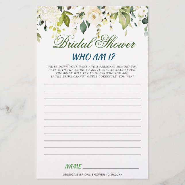 DOUBLE SIDED White Roses Floral Bridal Shower Game (Front)