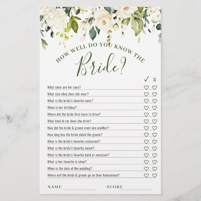 DOUBLE SIDED White Roses Floral Bridal Shower Game (Front)