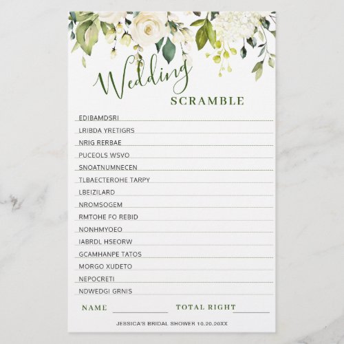 DOUBLE SIDED White Roses Floral Bridal Shower Game