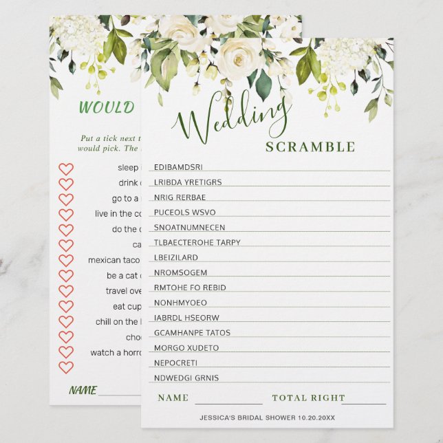 DOUBLE SIDED White Roses Floral Bridal Shower Game (Front/Back)
