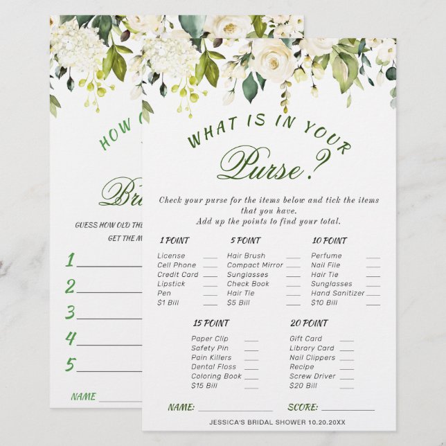 DOUBLE SIDED White Roses Floral Bridal Shower Game (Front/Back)