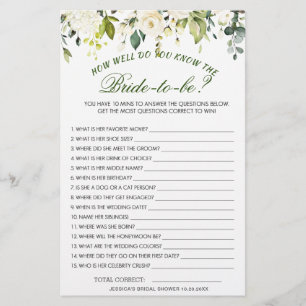 DOUBLE SIDED White Roses Floral Bridal Shower Game