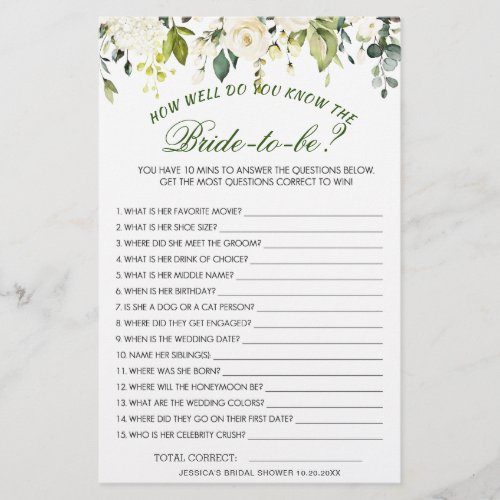 DOUBLE SIDED White Roses Floral Bridal Shower Game