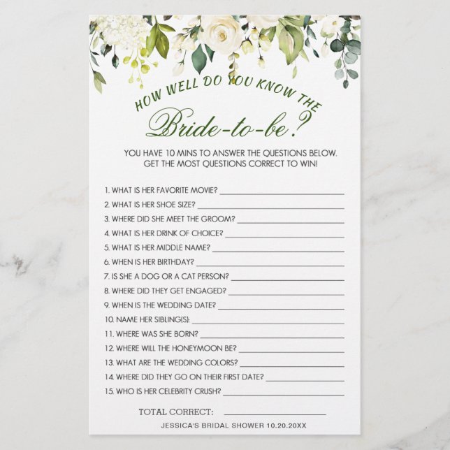 DOUBLE SIDED White Roses Floral Bridal Shower Game (Front)