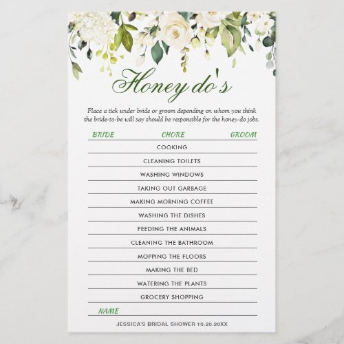 DOUBLE SIDED White Roses Floral Bridal Shower Game