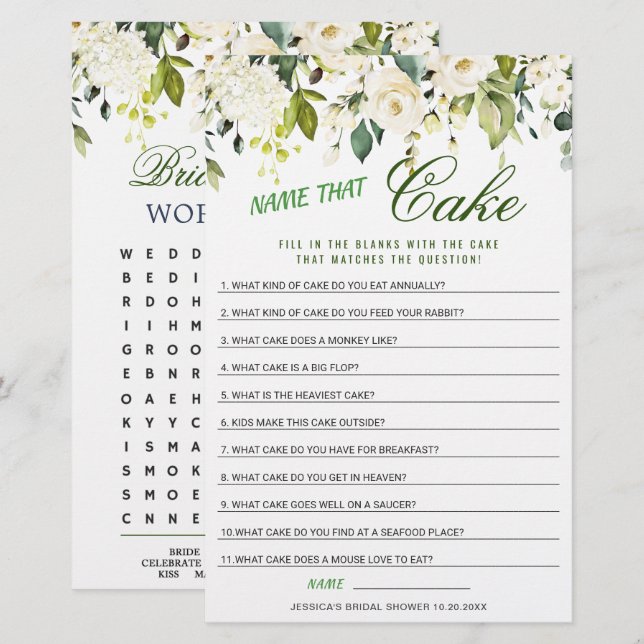 DOUBLE SIDED White Roses Floral Bridal Shower Game (Front/Back)